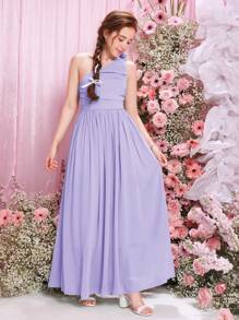 SHEIN Teen Girl Woven Solid Color 3D Floral One-Shoulder Pleated Long Casual Dress - Mauve Purple - View 6