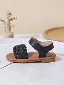 Sandalias planas blancas transpirables tejidas para niñas pequeñas en verano, suaves zapatos casuales antideslizantes - Negro - Ver 4
