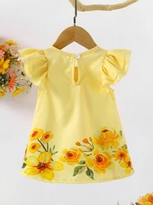 SHEIN Playful Pals Vestido de línea A de verano para bebé niña con doble capa de mangas con volantes y lindo patrón de abeja y flor - Amarillo - Ver 2