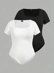 SHEIN EZwear 休闲简约大码女式方领夏季修身连体衣三件套 - 彩色 - 查看 1