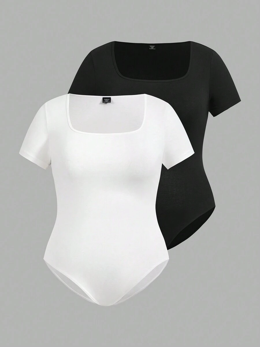 SHEIN EZwear 休闲简约大码女式方领夏季修身连体衣三件套 - 彩色 - 查看 1