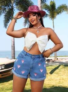 SHEIN ICON Coolmax Plus Size Women Fashionable Sexy Romantic Embroidered Denim Shorts - Medium Wash - View 3