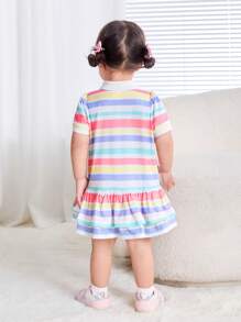 SHEIN Baby Girls' Leisure Knitted Striped Short Sleeved Polo Collar Dress - White - View 2