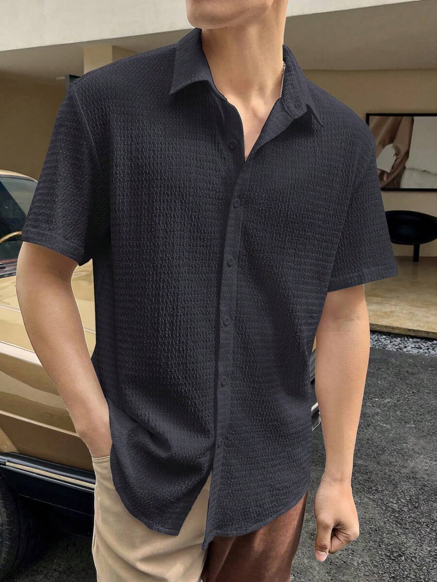 Manfinity Homme Camisa suelta de manga corta con textura y botones al frente para hombre