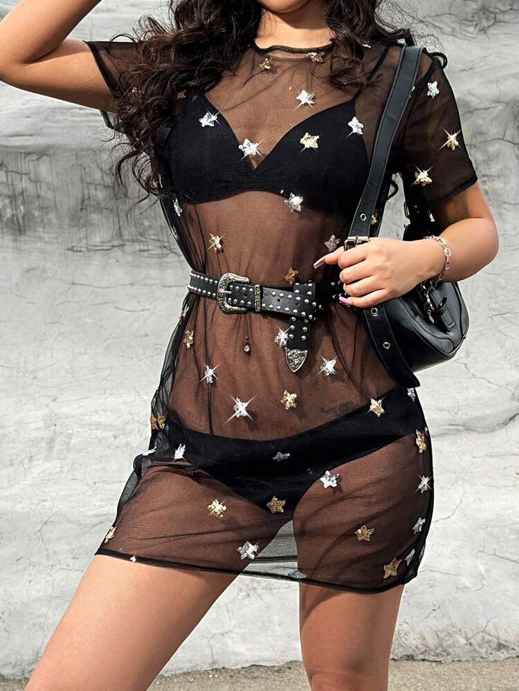 Sequined Star Pattern Mesh Short Sleeve Dress
