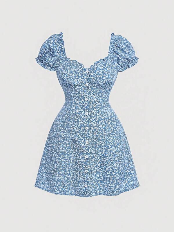 SHEIN MOD Plus Size White Vintage Dress With Mushroom Edging And Ditsy Floral For Summer Milkmaid Dress