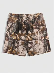 ROMWE MEN Street Life 男士星星印花抽绳腰短裤，学校 - 棕色 - 查看 2