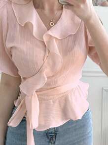 DAZY Áo Sơ Mi Nữ Trơn Thanh Lịch Có Viền Ruffle & Cà Vạt Bên hông - Hồng - Xem 4