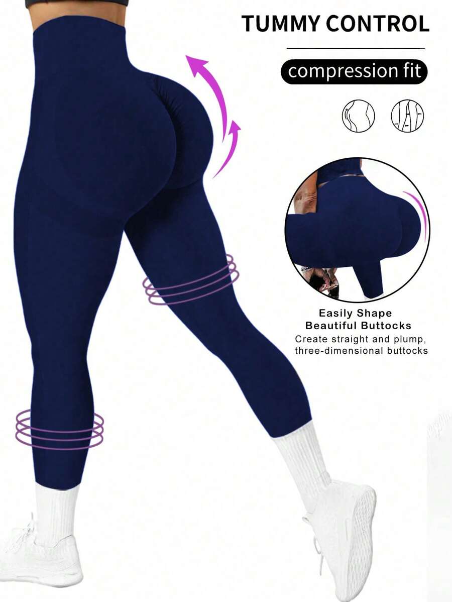 SHEIN Core Rhythm Quần legging bó cạp cao liền mạch dành cho nữ - Quần legging nâng mông co giãn 4 chiều, mềm mại, nhanh khô, thoáng khí, dùng để đi bộ đường dài, chạy xe đạp, tập yoga, bóng chày, thường ngày, màu xanh navy - Màu xanh hải quân - Xem 1