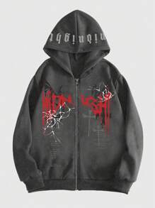 ROMWE MEN Grunge Punk Nam Lá thư In Dây kéo mặt trước Áo nỉ có mũ - Xám - Xem 2