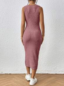SHEIN Frenchy Solid Rib-Knit Split Thigh Tight Tank Dress Summer Pink - Dusty Pink - View 2