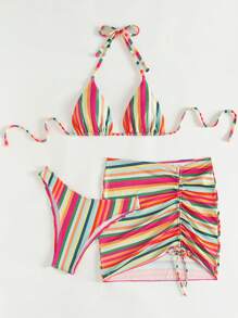 SHEIN Swim 女士条纹印花吊带比基尼套装结合沙滩罩衫和裙子 3 件套夏季 - 彩色 - 查看 5