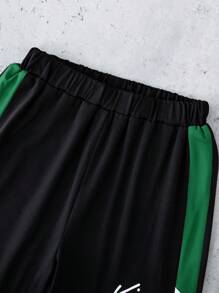 SHEIN Tween Boy 2-Piece Letter Print Contrast Color Round Neck Short Sleeve T-Shirt And Shorts, School, Campus, College - Dark Green - View 4