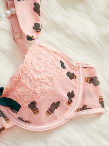 Women's Lace Splicing Mesh Underwire Bra And Thong Set, Lingerie - Pink - View 5