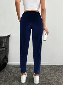 RueChic Drawstring Waist Slant Pocket Trousers - Navy Blue - View 2