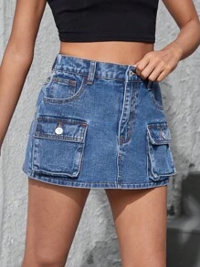 Y2k復古街頭風格高腰喇叭牛仔褲裙連口袋,適合年輕女生 - 霧霾藍 - 查看 4