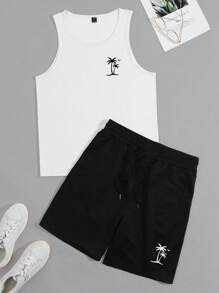 Manfinity Homme 男士椰樹印花休閒背心和短褲套裝，夏季必備 - 白色 - 查看 3