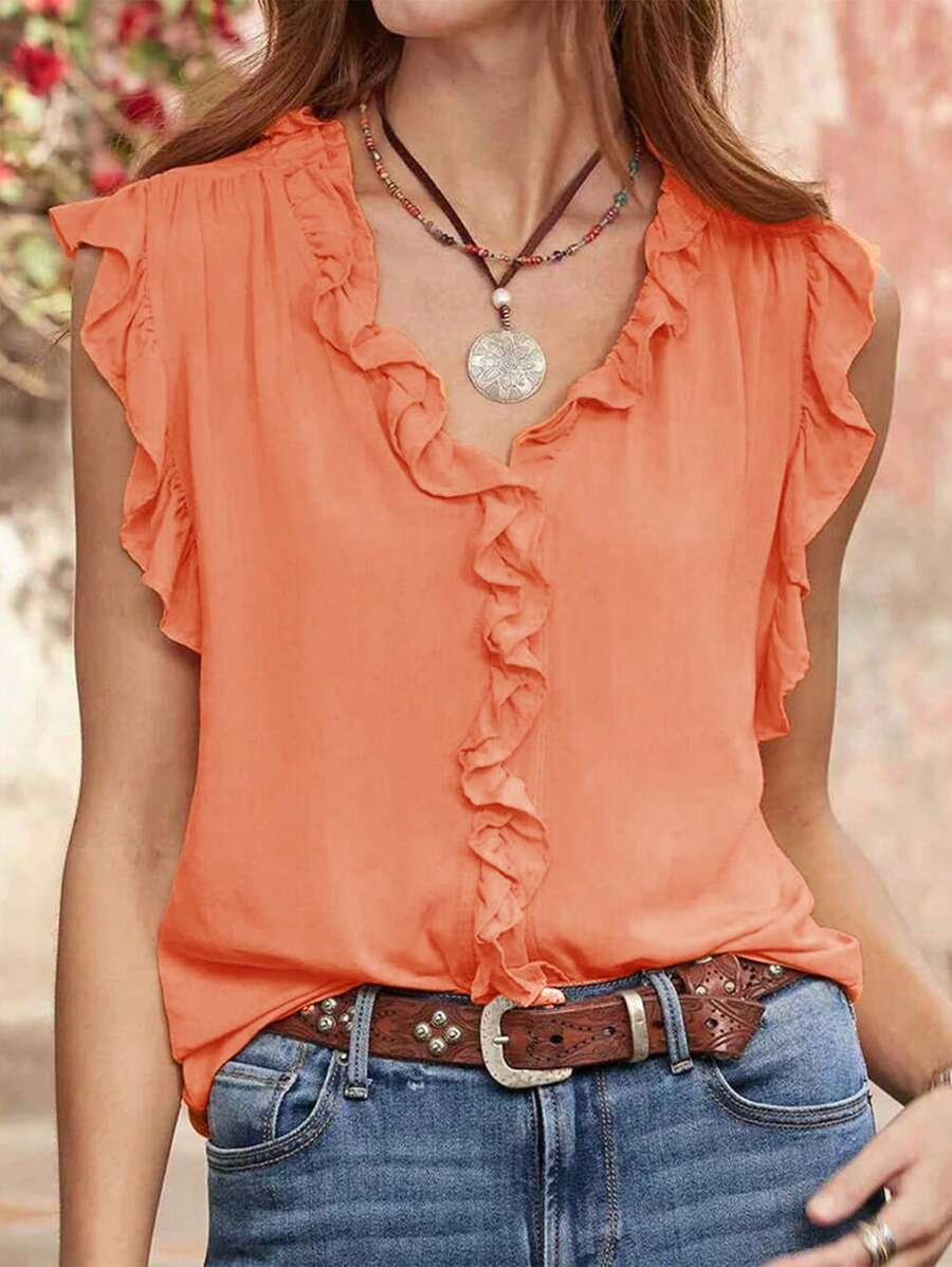SHEIN LUNE Thời gian rảnh rỗi Màu thuần Viền Ruffle Trang trí Áo sơ mi - trái cam - Xem 1