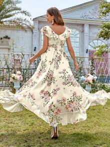 Asymmetrical Hem Printed Formal Dress With Lace Neckline - Yellow - View 2