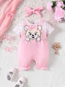 SHEIN Mono de verano linda con cabeza de oso 3D para bebé niña - Rosa - Ver 1