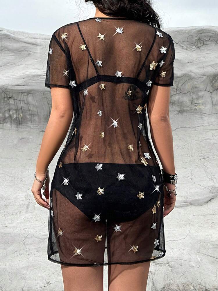 Sequined Star Pattern Mesh Short Sleeve Dress