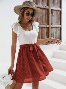 SHEIN Frenchy Colorblock Hollow Out Embroidered Round Neck Belted Dress Christmas Summer Casual - Redwood - View 6