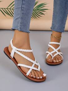 Women Woven Flat Sandals In Black/Brown, Flip Flops With Toe Ring And Open Toe, Non-Slip Slipper For Indoor And Outdoor Use - White - View 3