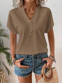 SHEIN LUNE Women Fashion Solid Color Button Decor Contrast Short Sleeve Texture T-Shirt - Khaki - View 5