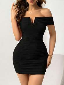 SHEIN Privé Off-Shoulder Cut Out V-Neck Ruched Bodycon Mesh Mini Dress For Summer - Black - View 5