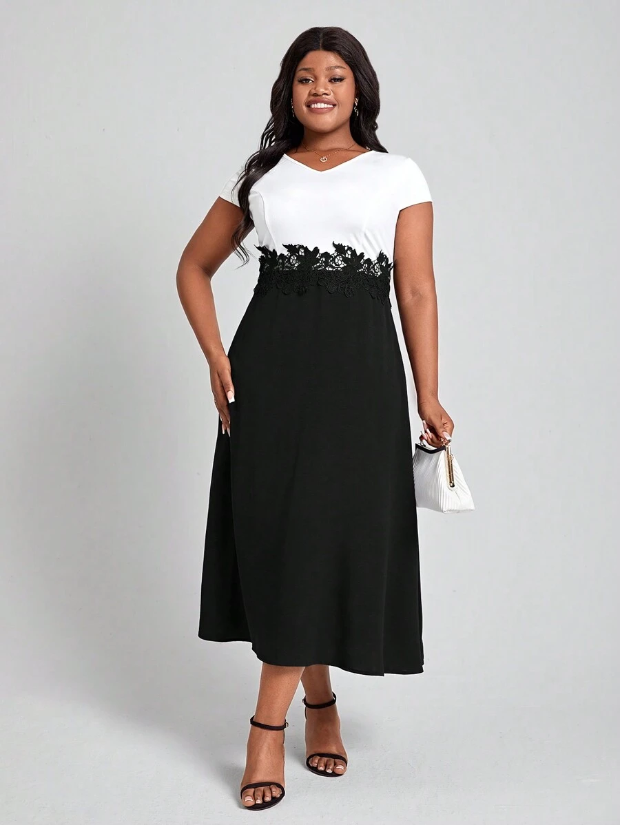 SHEIN Lady Plus Size Color-Block Lace Decorated Summer Dress - Black and White - View 1