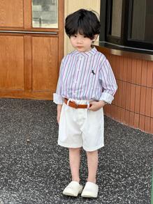 SHEIN Spring/Summer Young Boy Striped Long Sleeve Shirt With White Belted Shorts 2-Piece Set - Multicolor - View 6