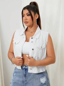 SHEIN EZwear 大尺碼純白色性感牛仔夾克背心 - 白色 - 查看 3
