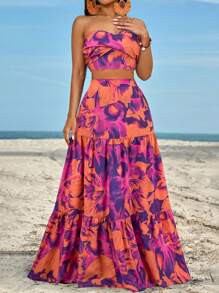 BamGleam 荷葉側邊紐扣和分裂大腿荷葉邊裙子套裝 - 紫色 - 查看 4