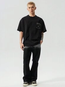 男士新因素漸變黑灰牛仔褲，高街風格喇叭褲，百搭款式 - 黑色 - 查看 5