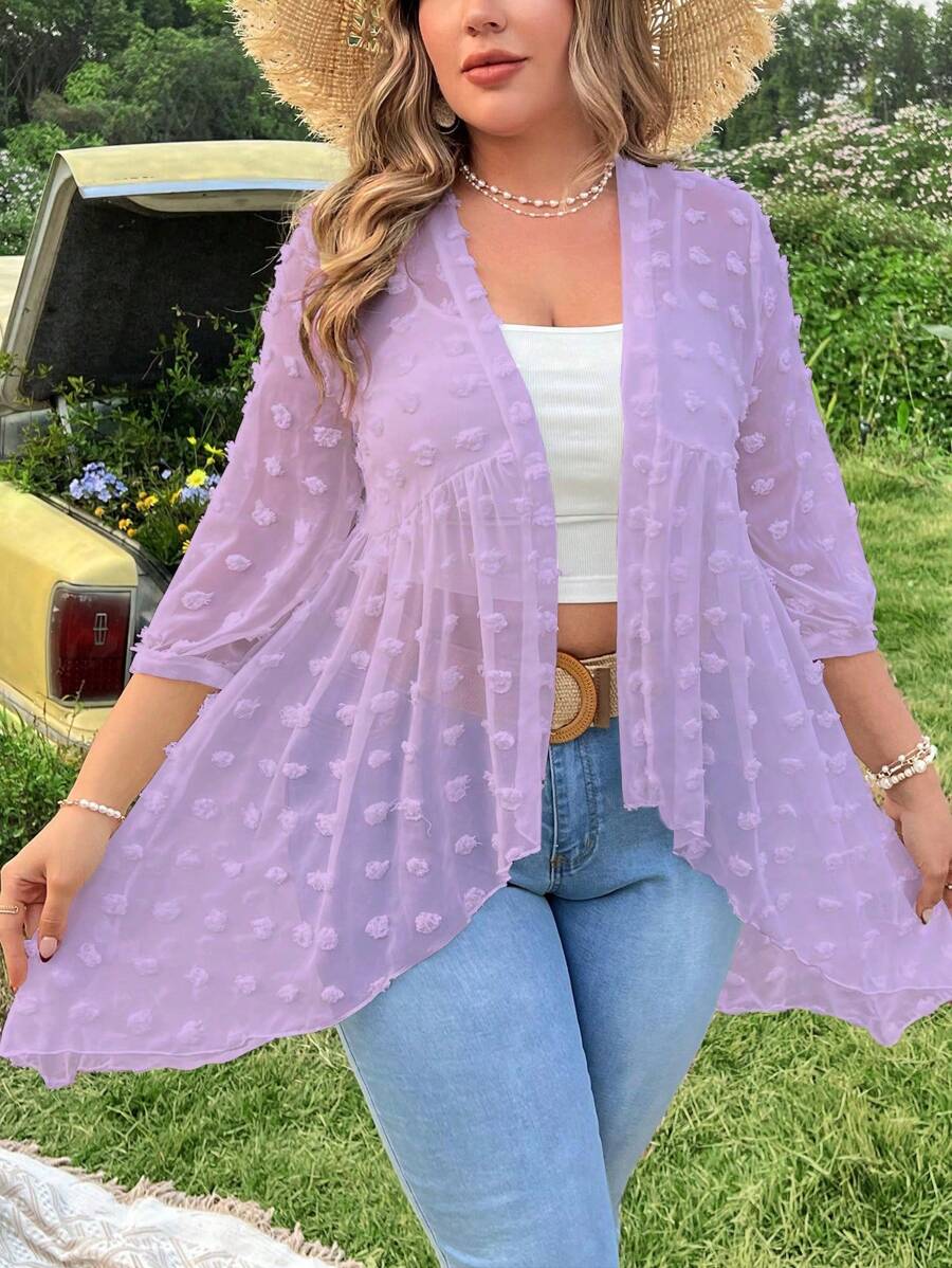 SHEIN Holidaya Chaquetilla traslúcida Primavera/Verano de talla grande, unicolor, con corte en la cintura y cinturón - Morado - Ver 1