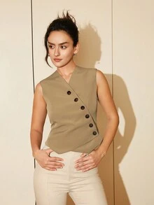 Amyenjoylife Women's Spring/Summer Casual Cropped Blazer Vest With Oblique Button Closure, Old Money Style Rave Business Casual - Brown - View 6