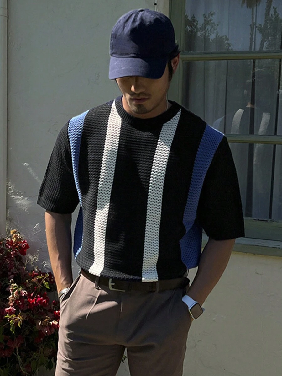 DAZY 男士顏色拼接短袖針織上衣，適用於春夏季節 - 彩色 - 查看 1