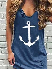 SHEIN VCAY 女士無袖燃出式錨印花連衣裙 - 藍色 - 查看 1