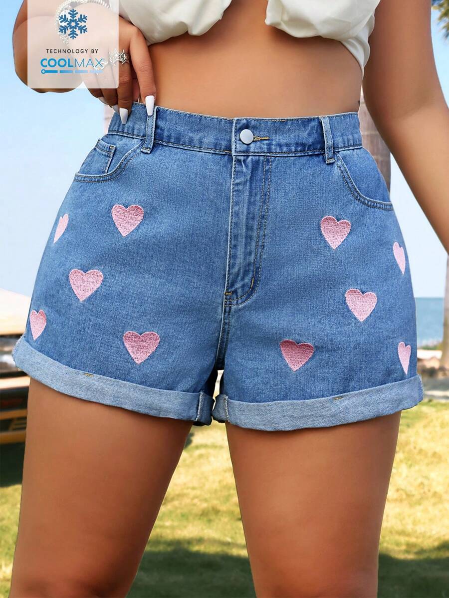 SHEIN ICON Coolmax Plus Size Women Fashionable Sexy Romantic Embroidered Denim Shorts - Medium Wash - View 1