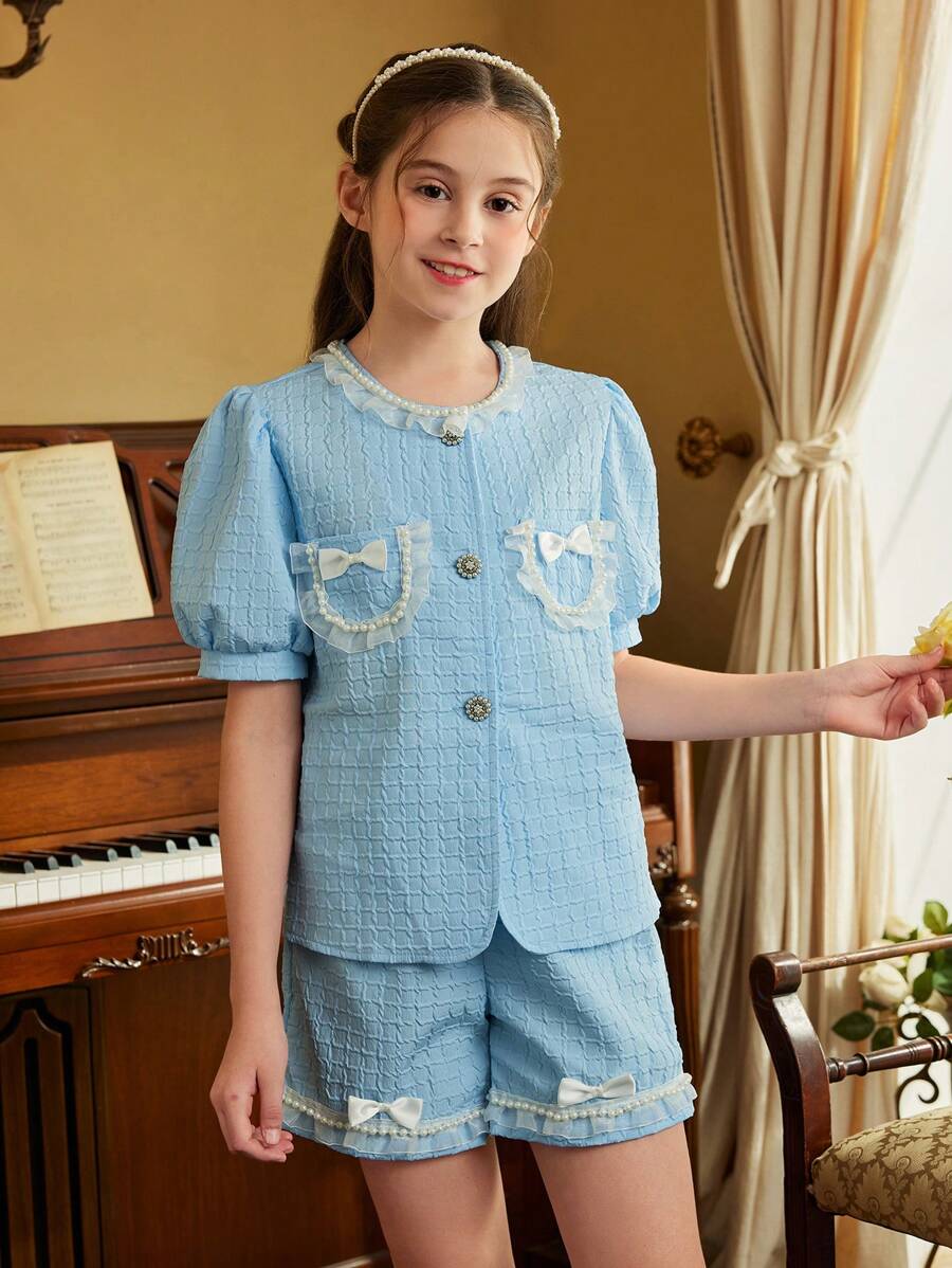SHEIN Tween Girl Lace Butterfly Stud Princess Style Puff Sleeve Top And Shorts Set (Large) - Blue - View 1