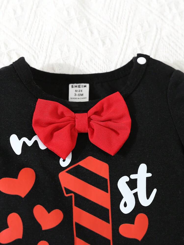 Baby Boy 2pcs/Set Tween Boy Casual Letter Print Round Neck Bodysuit With Striped Heart Pattern Long Pants