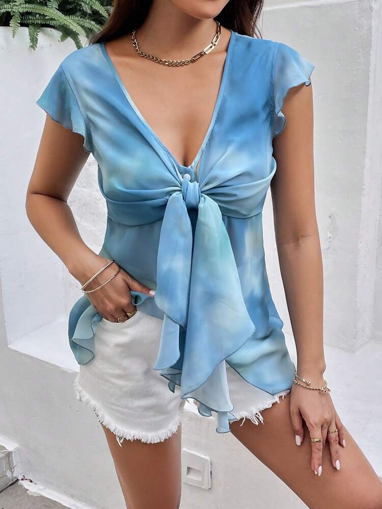 Casual Women Summer Front Knot Tie Dye Flutter Sleeve Top