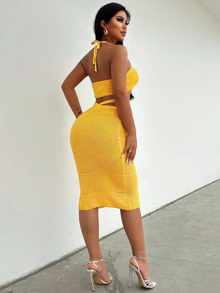 New Spring Summer Arrivals Two Pieces Set Of Short Cut Halter Neck Top And Slim-Fit Sweater Paired With Knee-Length Skirt, Suitable For Holiday, Sexy, Minimalistic, Romantic, Workwear Style.