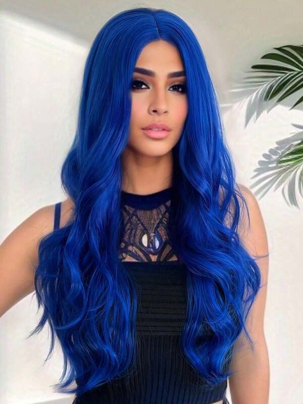 1 Piece Synthetic Blue Wig, 28 Inches, Centre Parting, Long Curly Hair Without Bangs For Party, Cosplay And Daily Wear, Suitable For Halloween And Christmas
