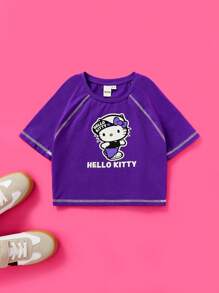 HELLO KITTY AND FRIENDS | SHEIN 青少女對比縫紉拉格蘭袖可愛休閒t卹夏季款 - 紫色 - 查看 1