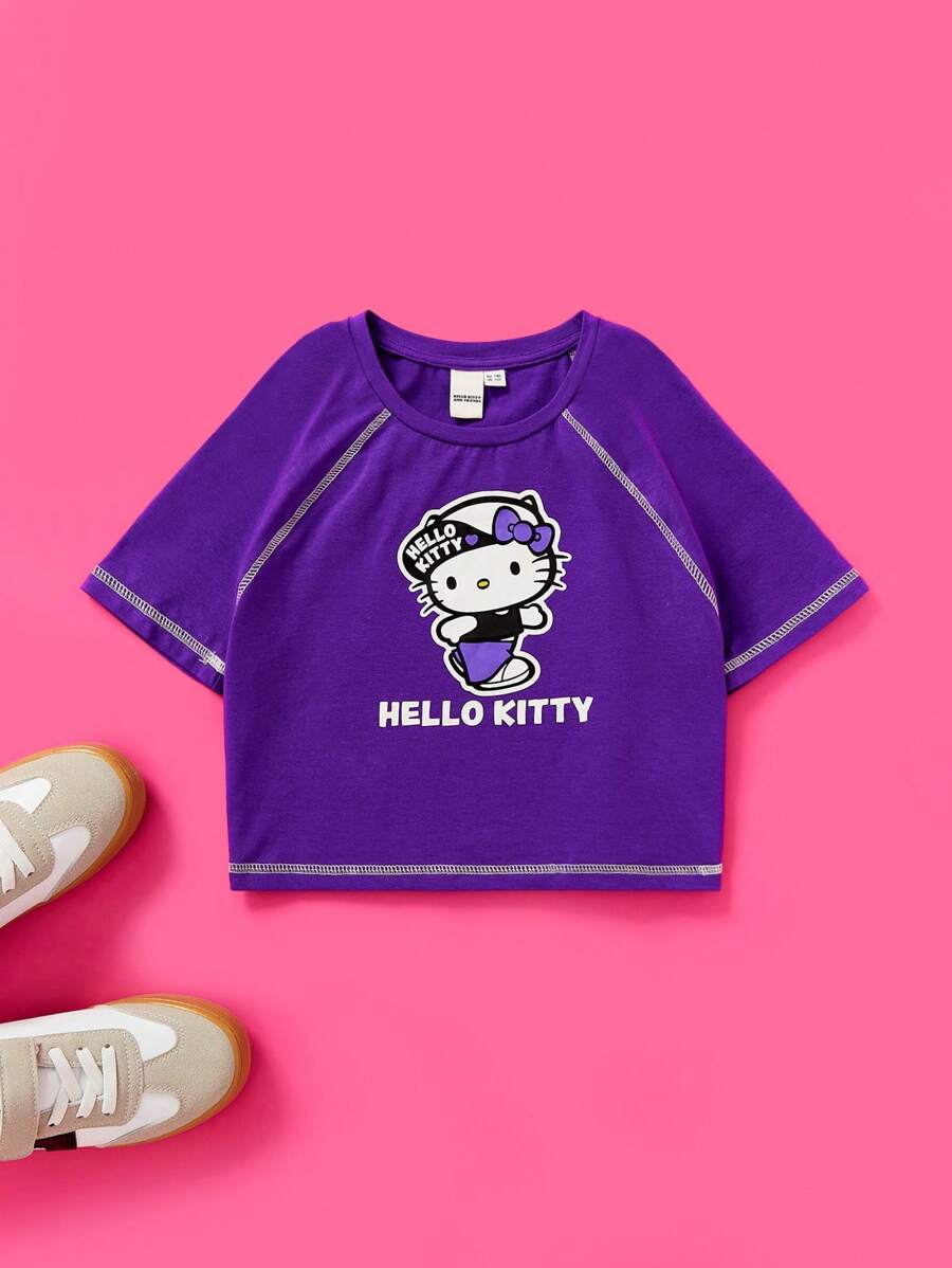 HELLO KITTY AND FRIENDS | SHEIN 青少女對比縫紉拉格蘭袖可愛休閒t卹夏季款 - 紫色 - 查看 1