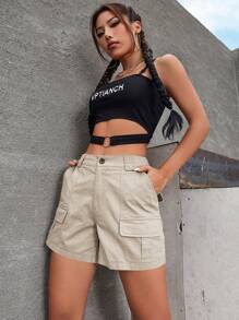 Women's Loose Fit Solid Color Casual Utility Shorts - Apricot - View 5