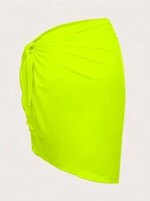 Swim Vcay Summer Beach Women Solid Color Simple Ruched Knot Side Cover Up Skirt - Yellow - View 2