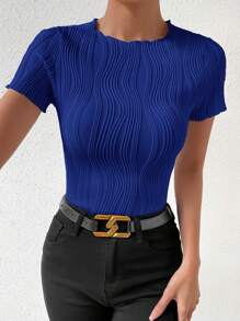 Chiquease Women Summer Solid Color Textured Slim Fit Round Neck Short Sleeve T-Shirt