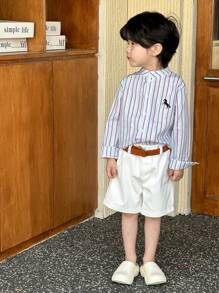 SHEIN Spring/Summer Young Boy Striped Long Sleeve Shirt With White Belted Shorts 2-Piece Set - Multicolor - View 5